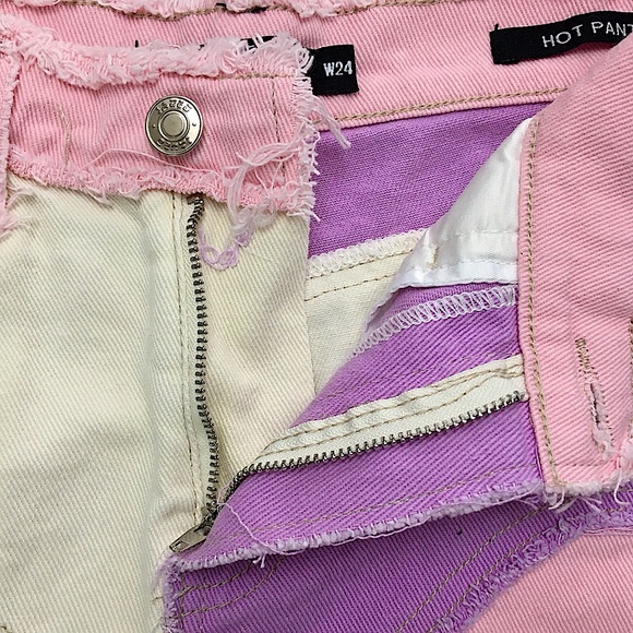 Jaded London Hot Pant Cut-Off Jean Shorts in Purple Pink Denim Patchwork - Picture 13 of 16